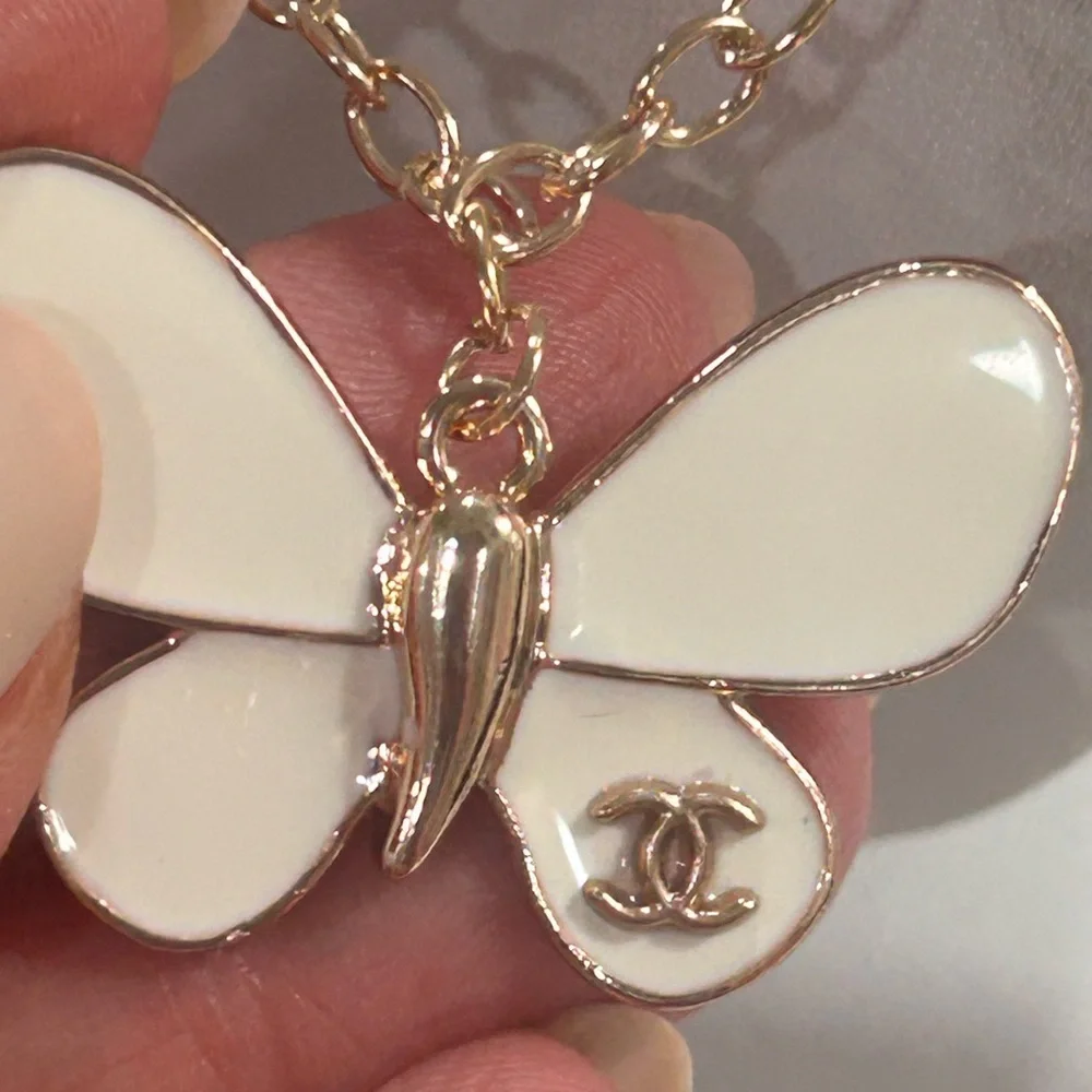 You Pick ⛏️🌟 White or Pink Butterfly Chanel Zipper pull on gold Necklace - Picture 6 of 8